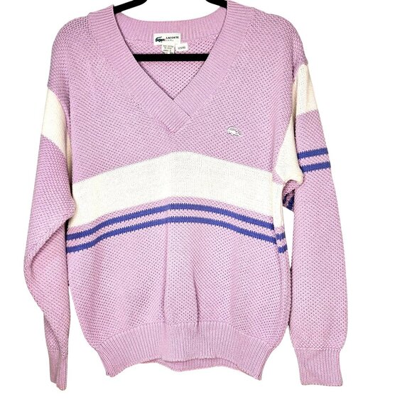 Vintage womans Lacoste v-neck striped preppy colligate 80's inspired 100% cotton - Picture 1 of 10